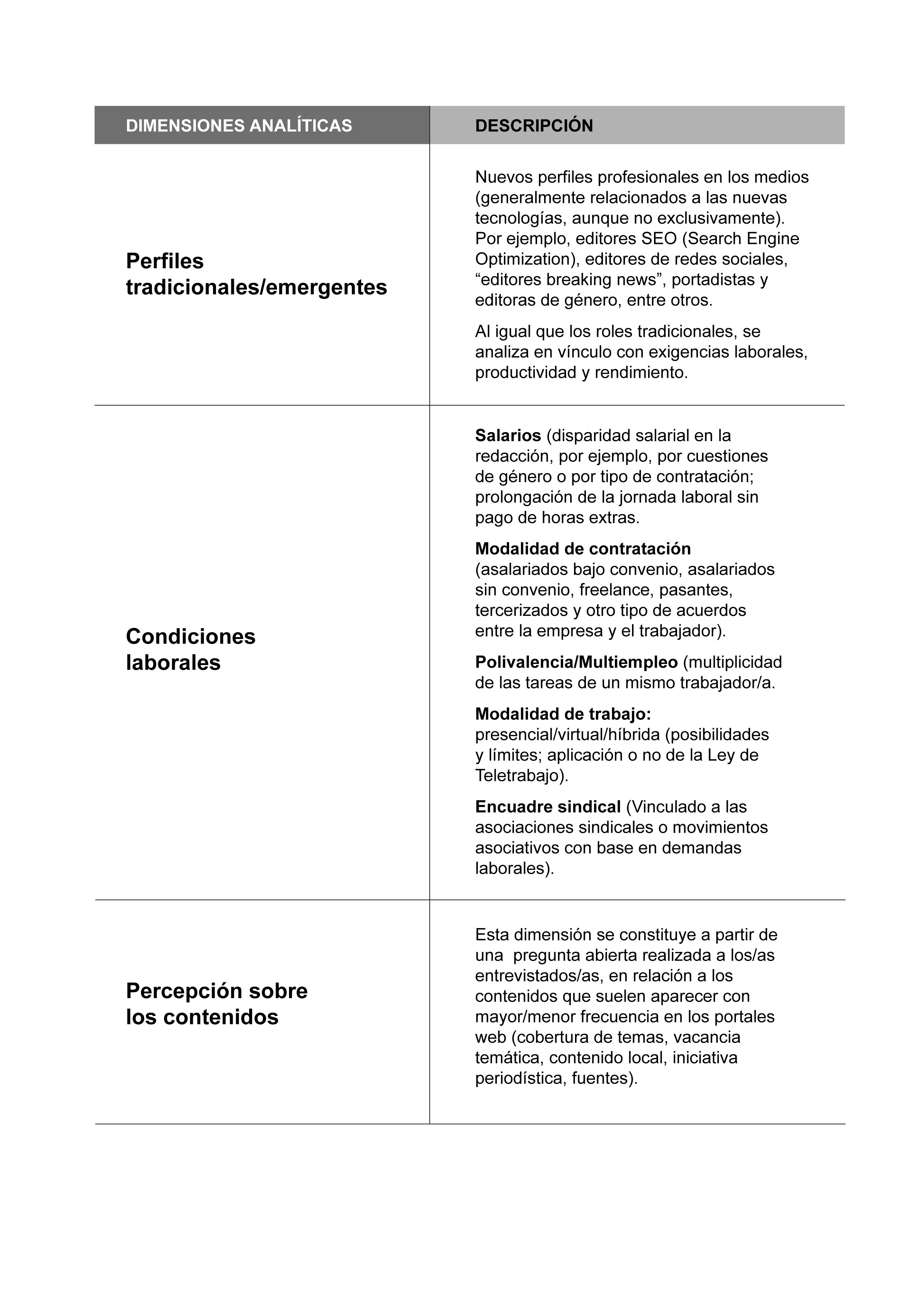 Principales dimensiones analíticas